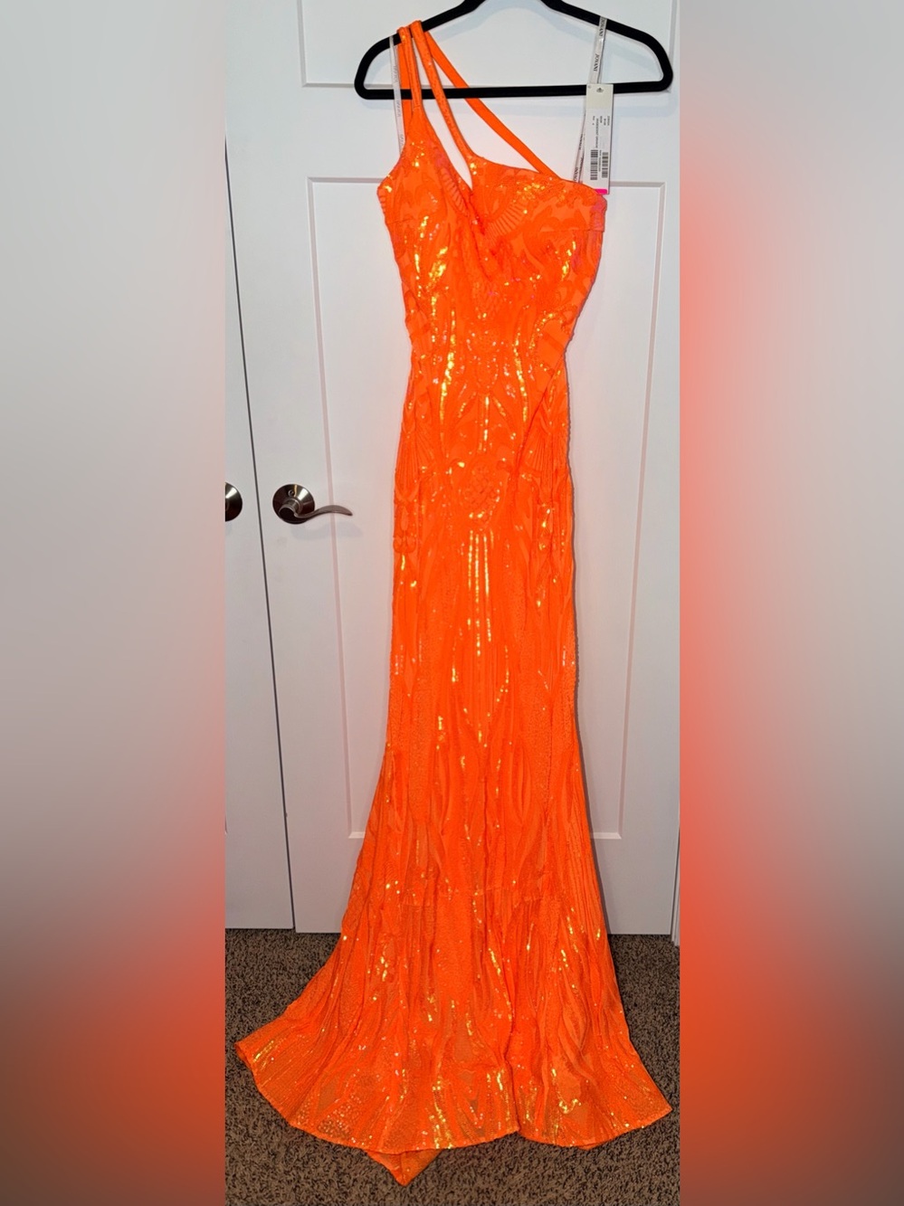 NWT Jovani Iridescent Orange One Shoulder Sequin